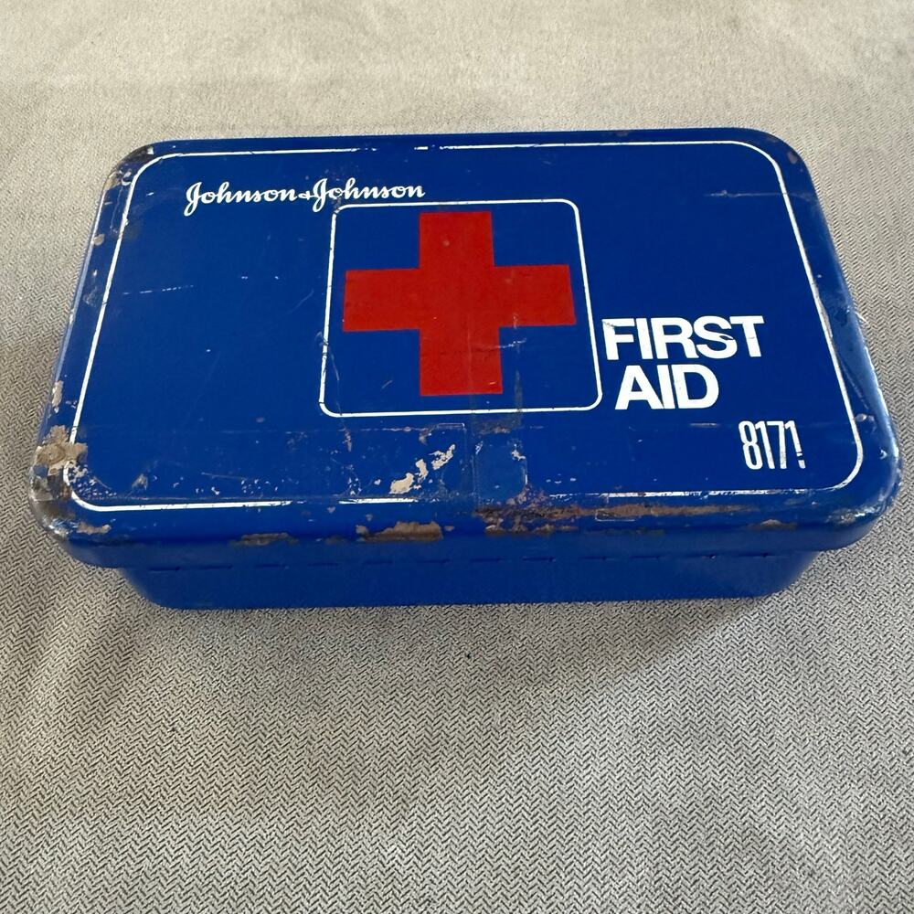 Vintage Johnson & Johnson Metal First Aid Box No. 8171 Blue Empty Storage Case